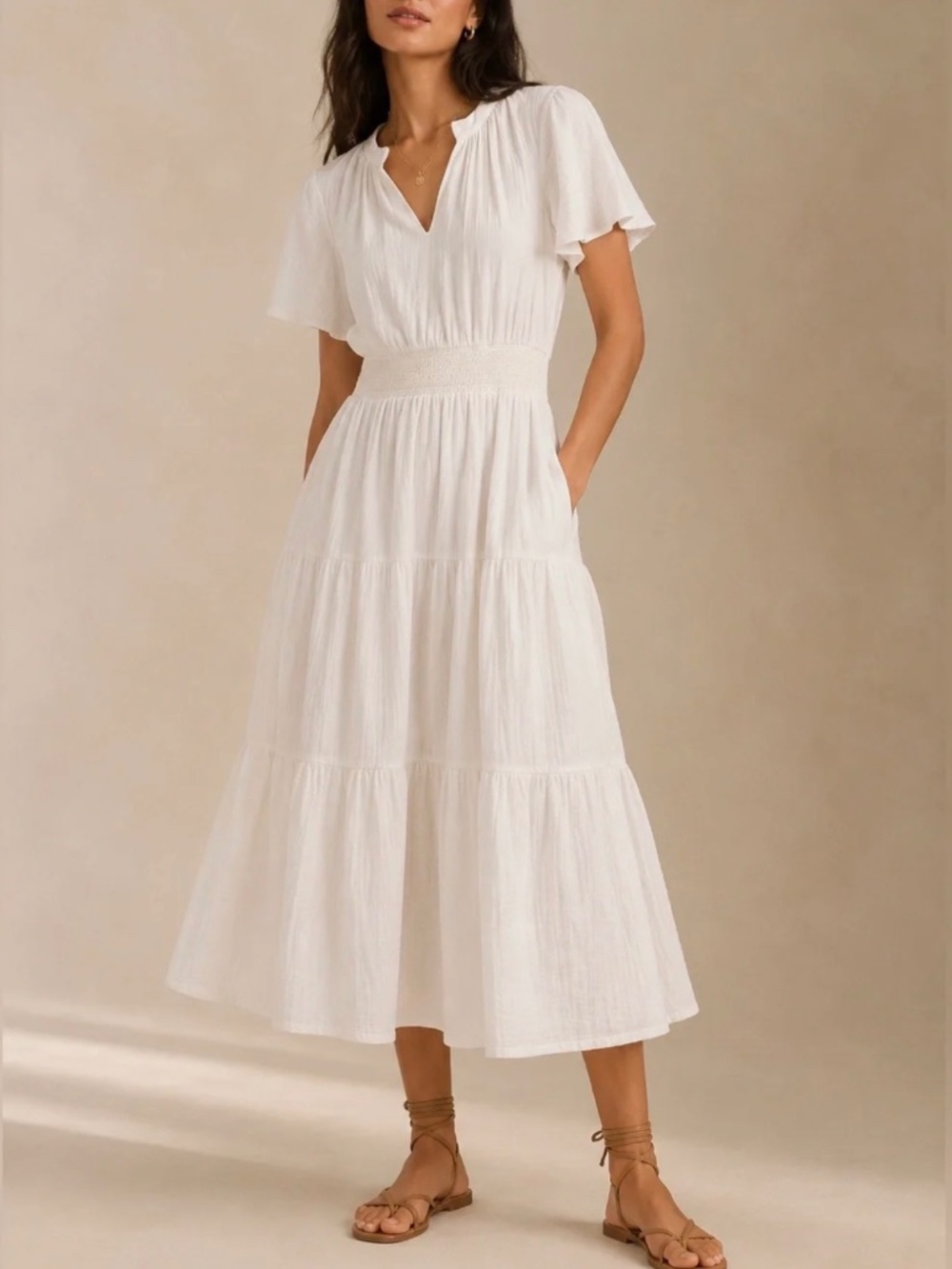 Lands’ End Ivory Cotton Gauze Tiered Midi Dress Flutter Sleeve Cottagecore Boho